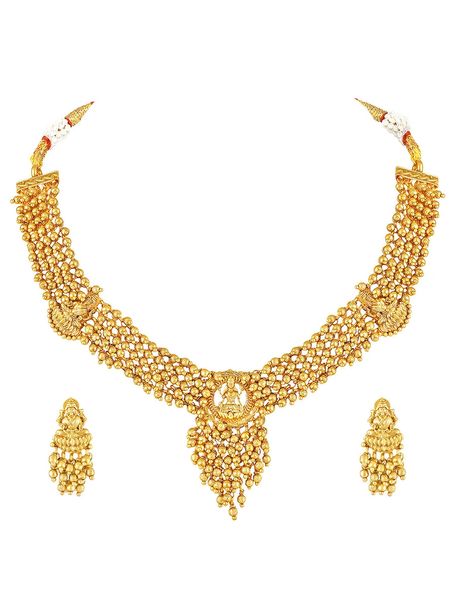 Laxmi Motif Metallic Beads Necklace Set - Gold