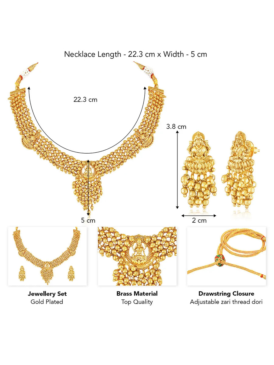 Laxmi Motif Metallic Beads Necklace Set - Gold