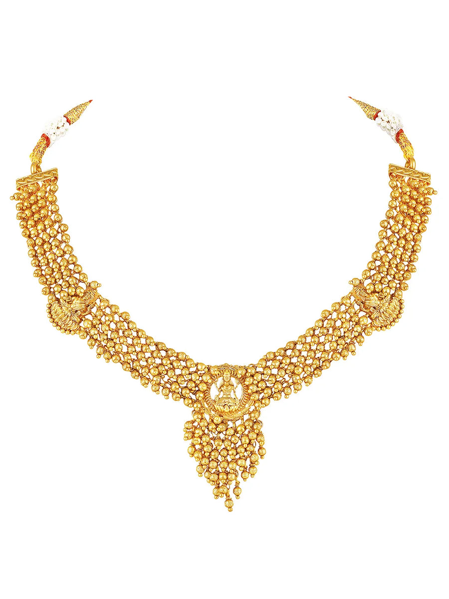 Laxmi Motif Metallic Beads Necklace Set - Gold