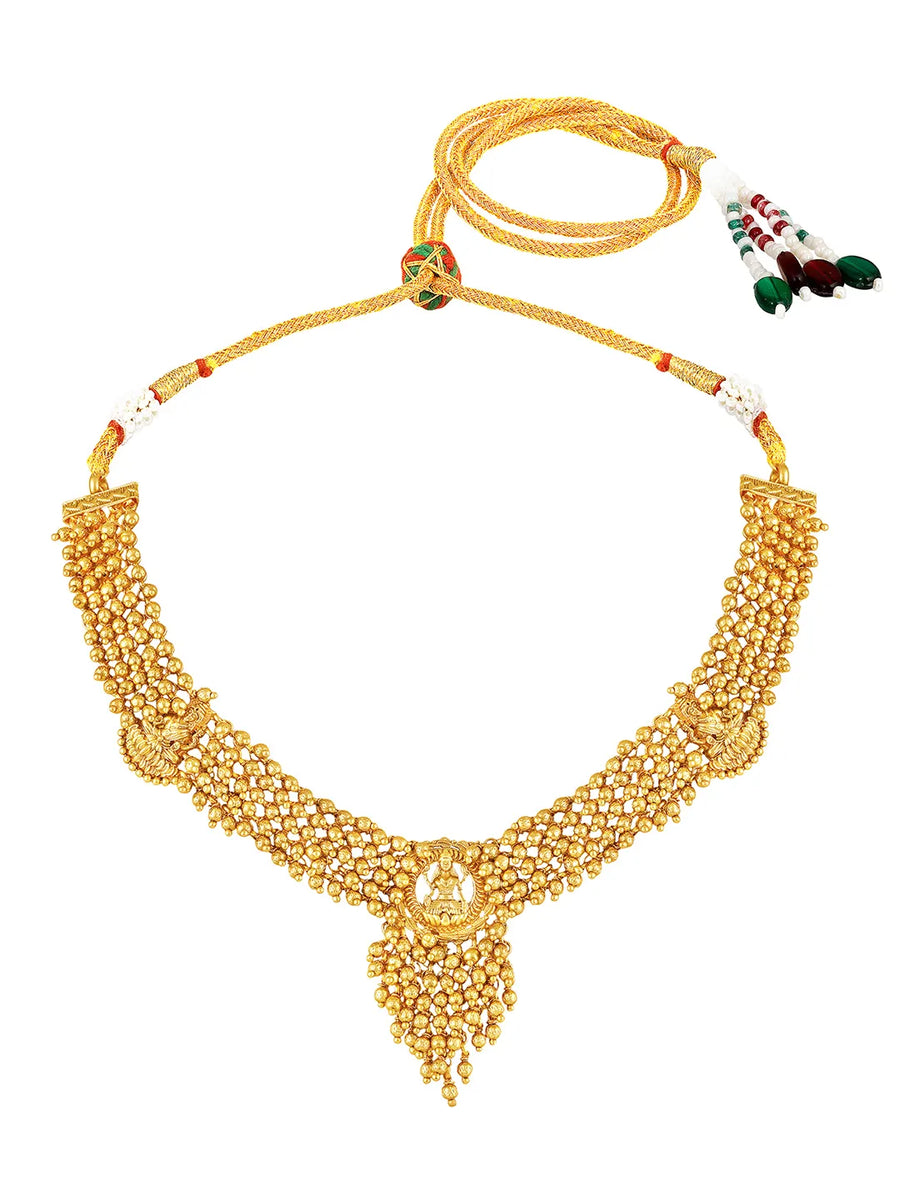 Laxmi Motif Metallic Beads Necklace Set - Gold
