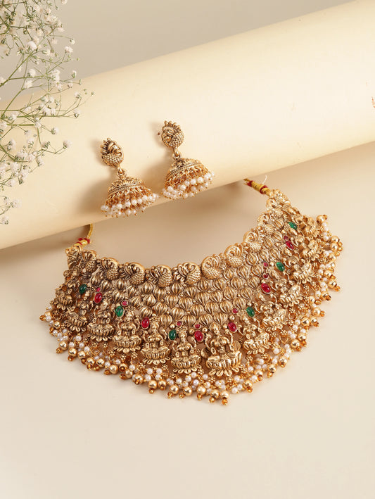 Handcrafted Pearl Laxmi Necklace Set - Gold