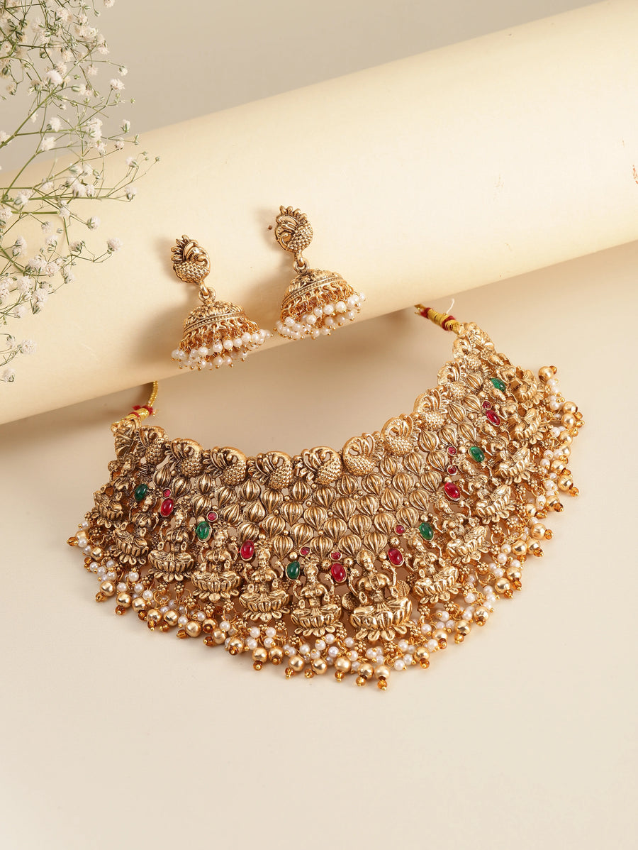 Handcrafted Pearl Laxmi Necklace Set - Gold