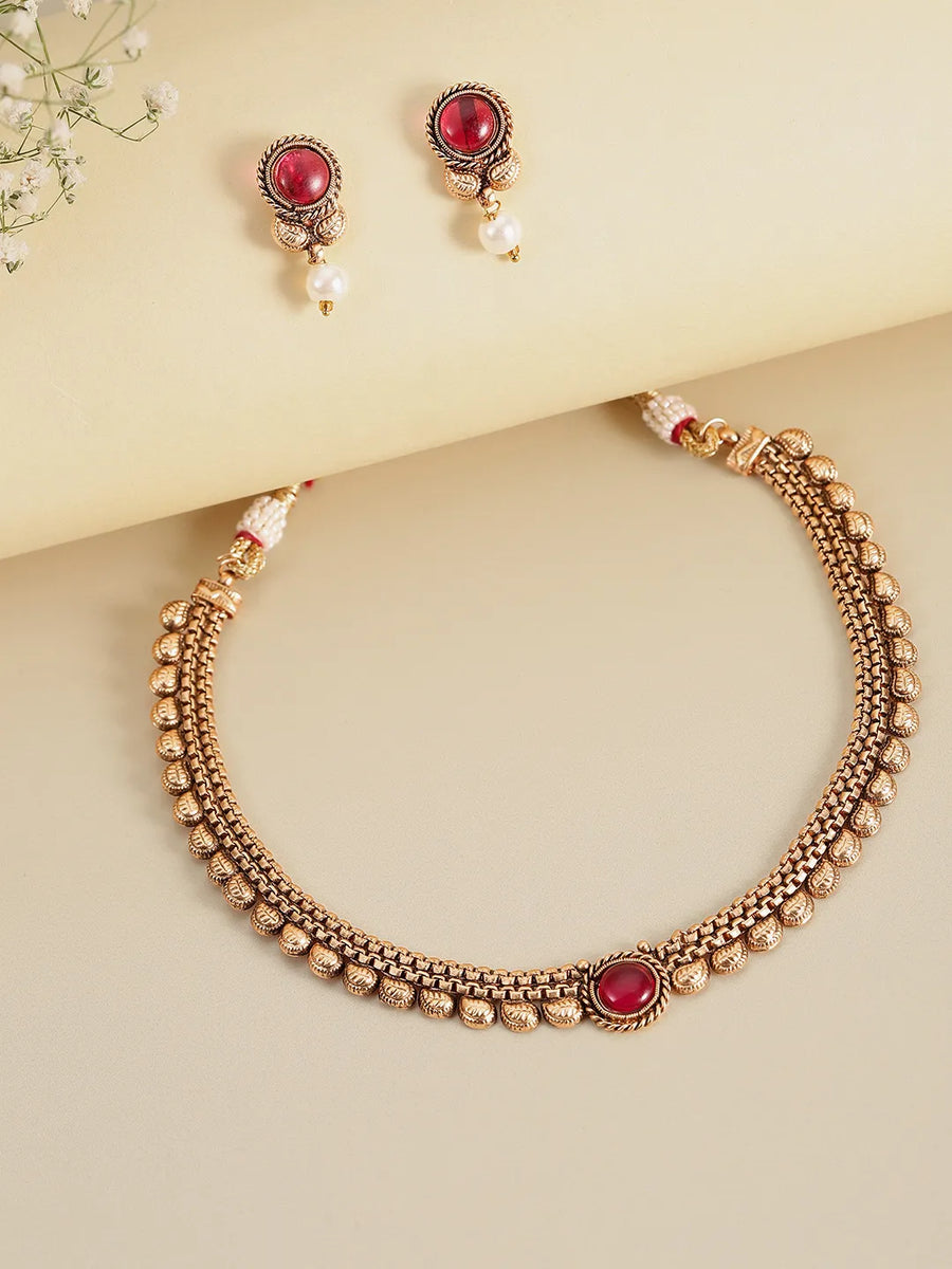 Intricate Craft Faux Kundan Necklace Set - Rani Pink