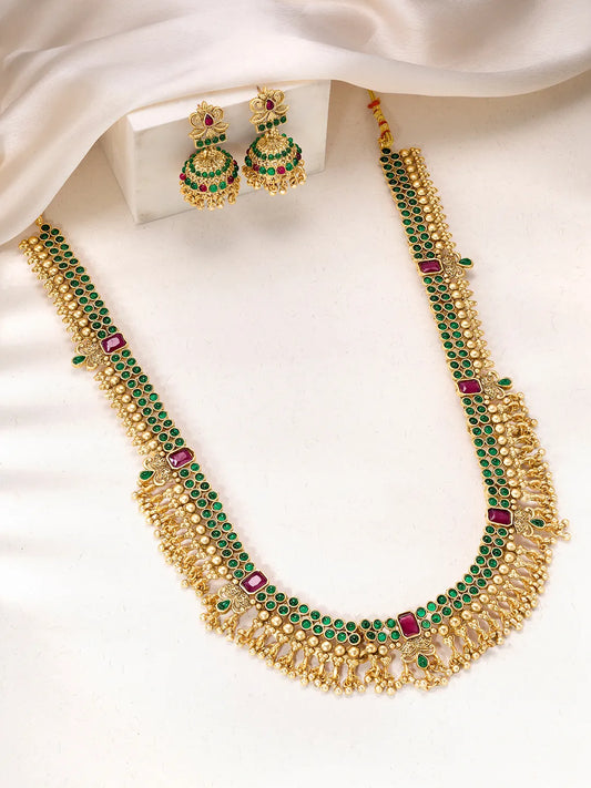 Peora Antique Green Ruby Bridal Long Haram Set