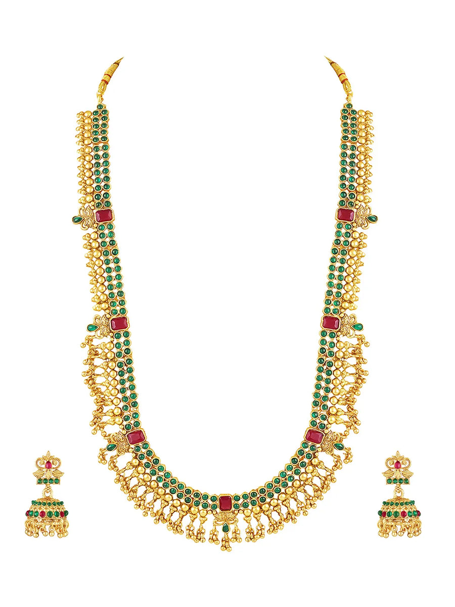 Peora Antique Green Ruby Bridal Long Haram Set