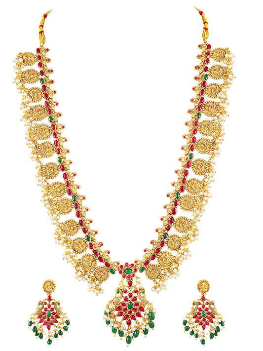 Peora Lakshmi Temple Long Haram With Earrings Set