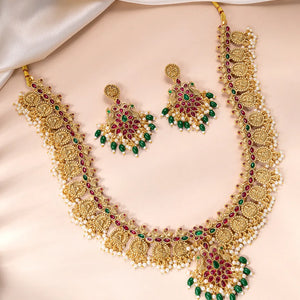 Peora Lakshmi Temple Long Haram With Earrings Set