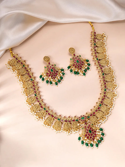 Peora Lakshmi Temple Long Haram With Earrings Set