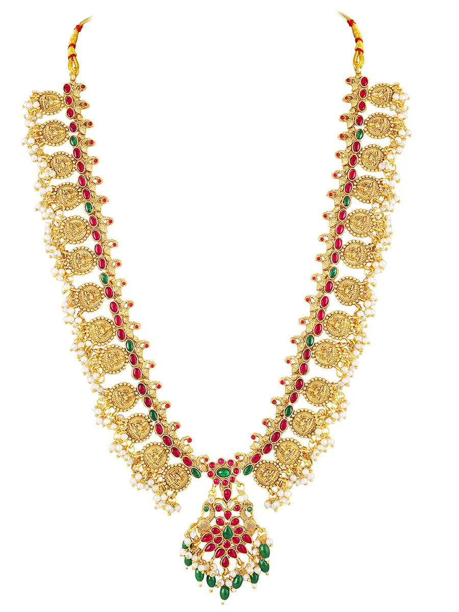 Peora Lakshmi Temple Long Haram With Earrings Set
