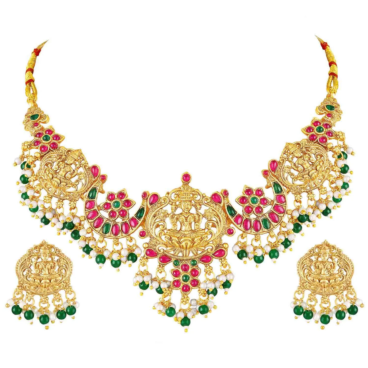 Peora Antique Ruby Green Lakshmi Necklace Set