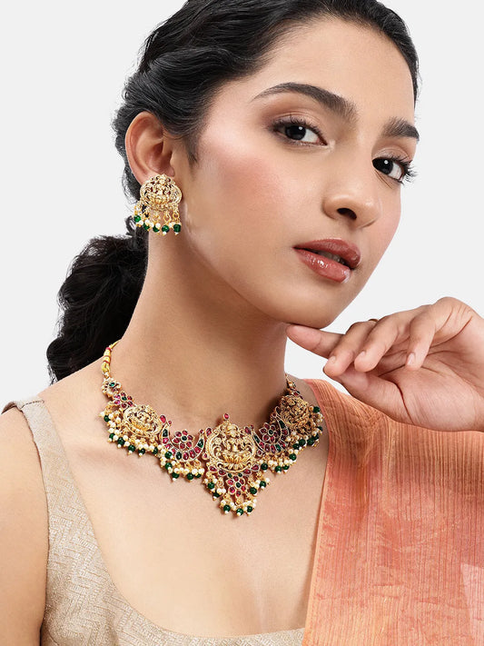 Peora Antique Ruby Green Lakshmi Necklace Set