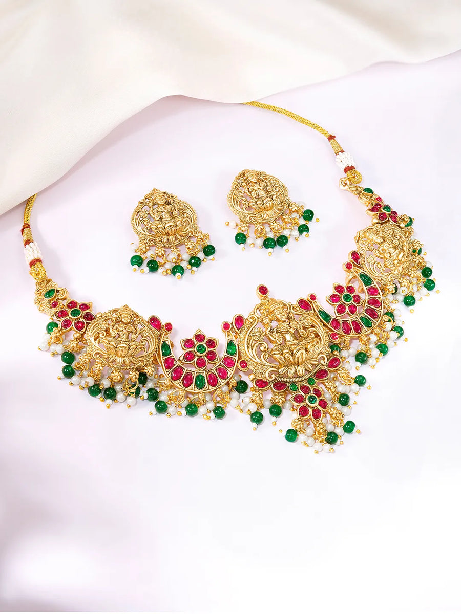 Peora Antique Ruby Green Lakshmi Necklace Set