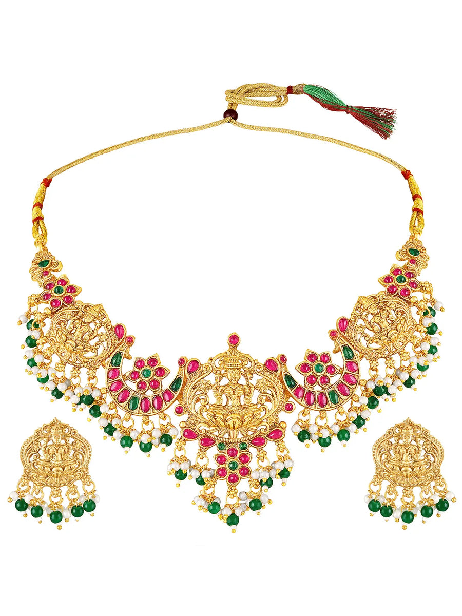 Peora Antique Ruby Green Lakshmi Necklace Set