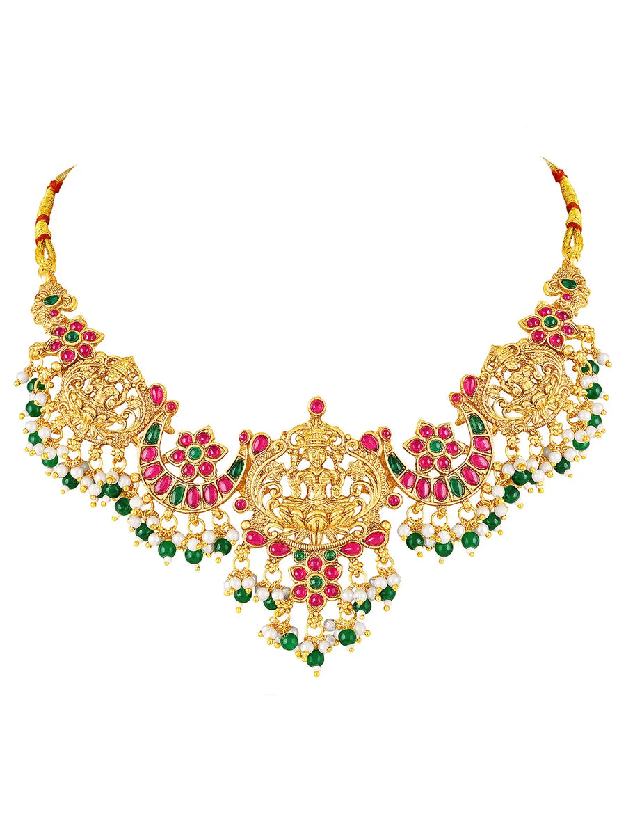 Peora Antique Ruby Green Lakshmi Necklace Set