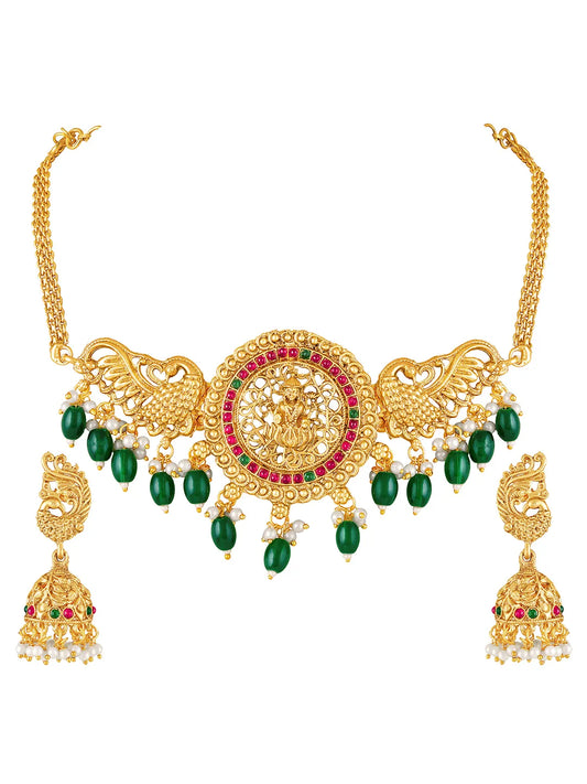 Peora Temple Peacock Divine Lakshmi Necklace Set
