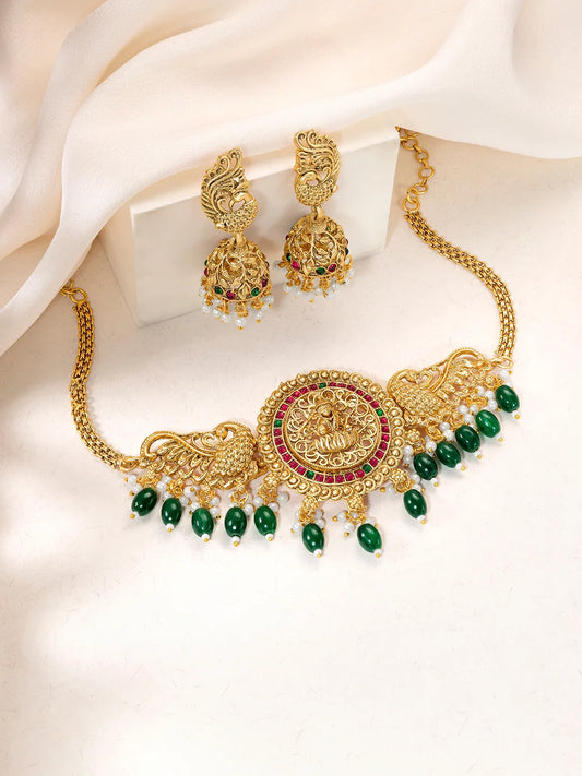 Peora Temple Peacock Divine Lakshmi Necklace Set