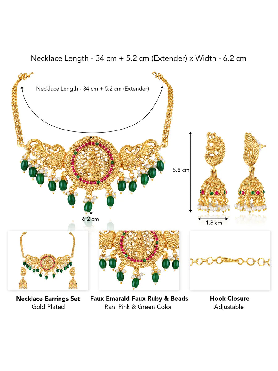 Peora Temple Peacock Divine Lakshmi Necklace Set
