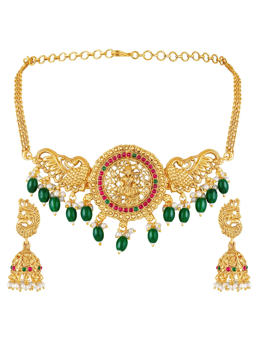 Peora Temple Peacock Divine Lakshmi Necklace Set