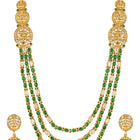 Peora Temple Lakshmi Green Stone Long Necklace Set