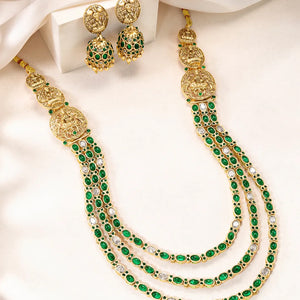 Peora Temple Lakshmi Green Stone Long Necklace Set