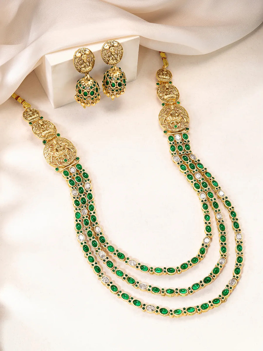 Peora Temple Lakshmi Green Stone Long Necklace Set