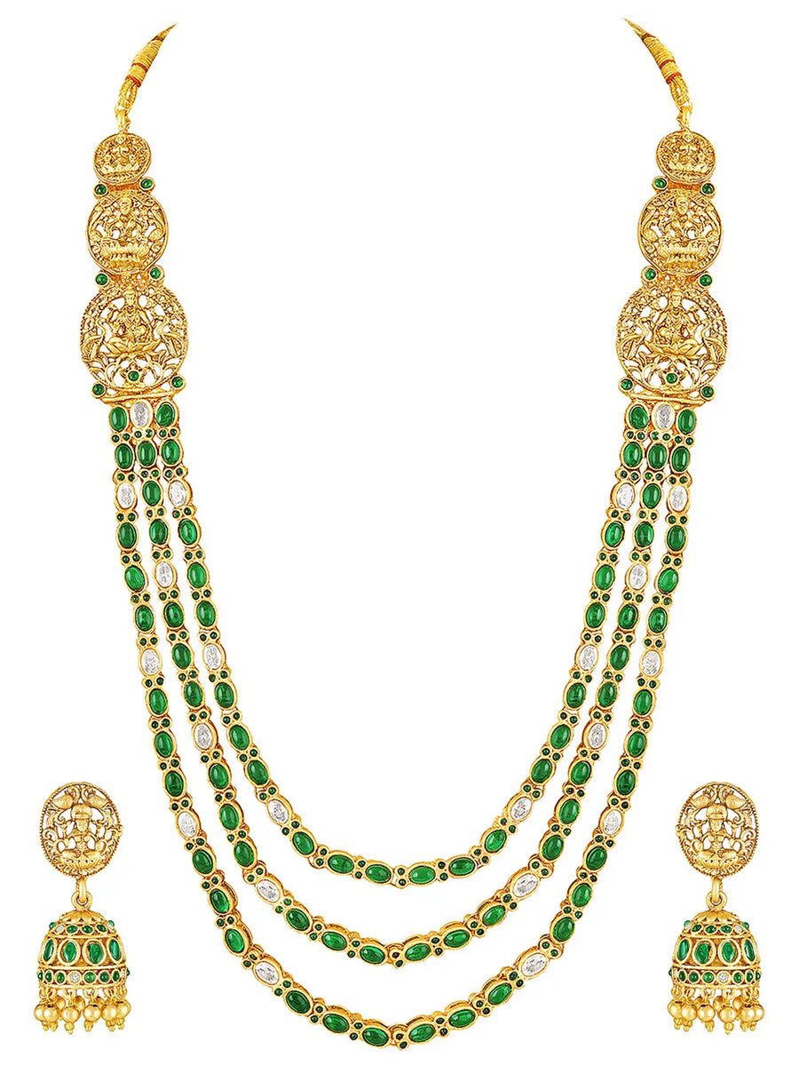 Peora Temple Lakshmi Green Stone Long Necklace Set