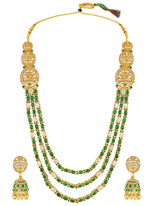 Peora Temple Lakshmi Green Stone Long Necklace Set