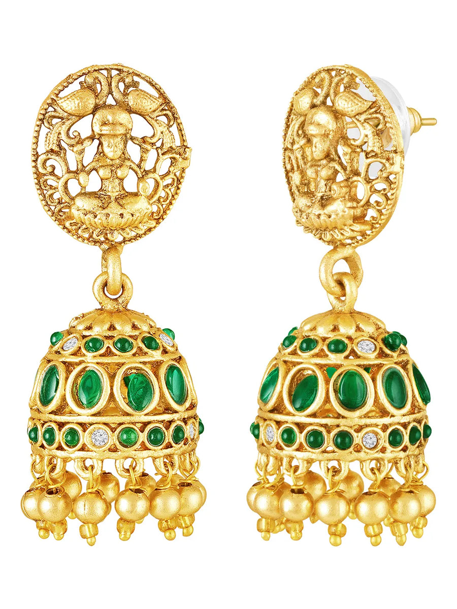 Peora Temple Lakshmi Green Stone Long Necklace Set