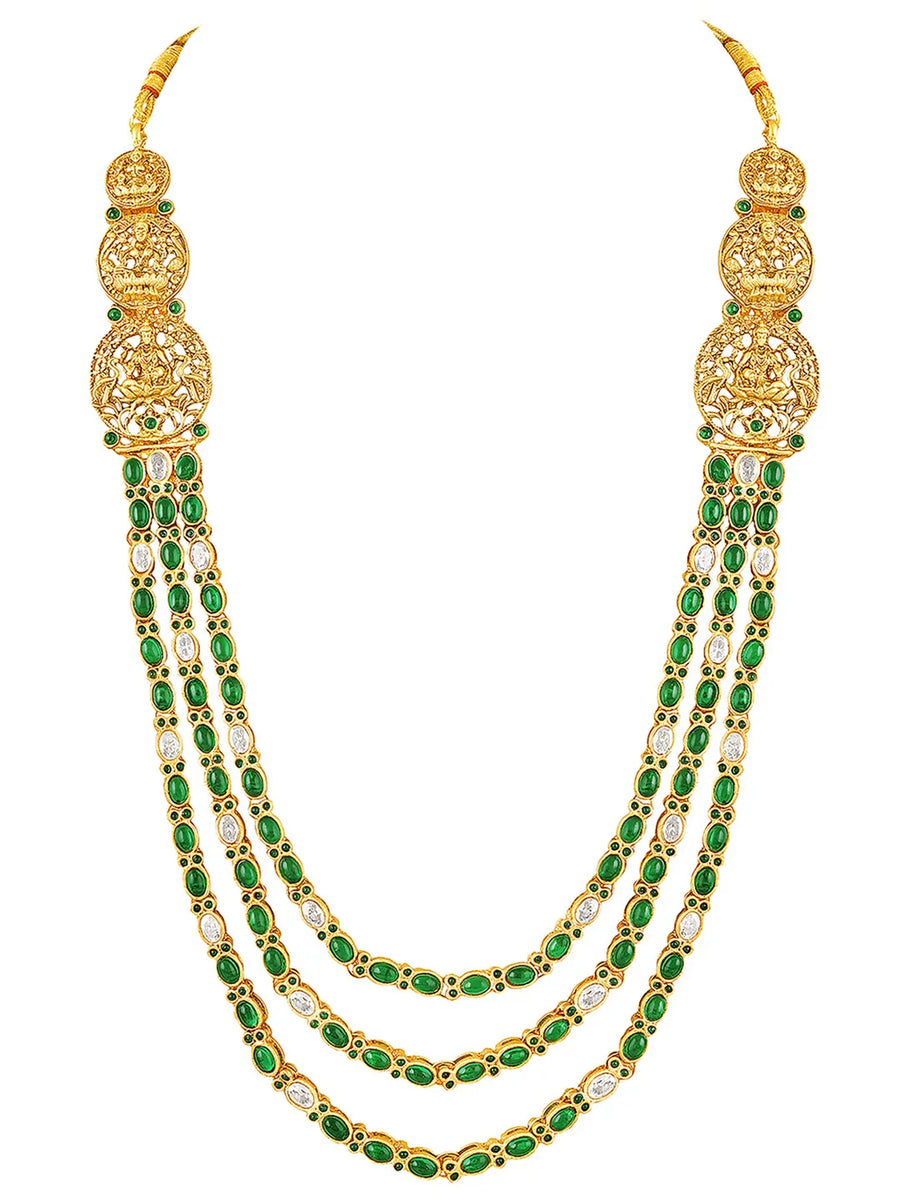 Peora Temple Lakshmi Green Stone Long Necklace Set