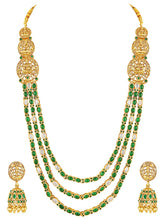 Peora Temple Lakshmi Green Stone Long Necklace Set