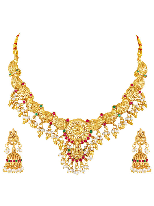 Peora Antique Floral Ruby Pearl Jhumka Set