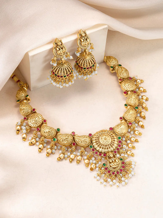 Peora Antique Floral Ruby Pearl Jhumka Set