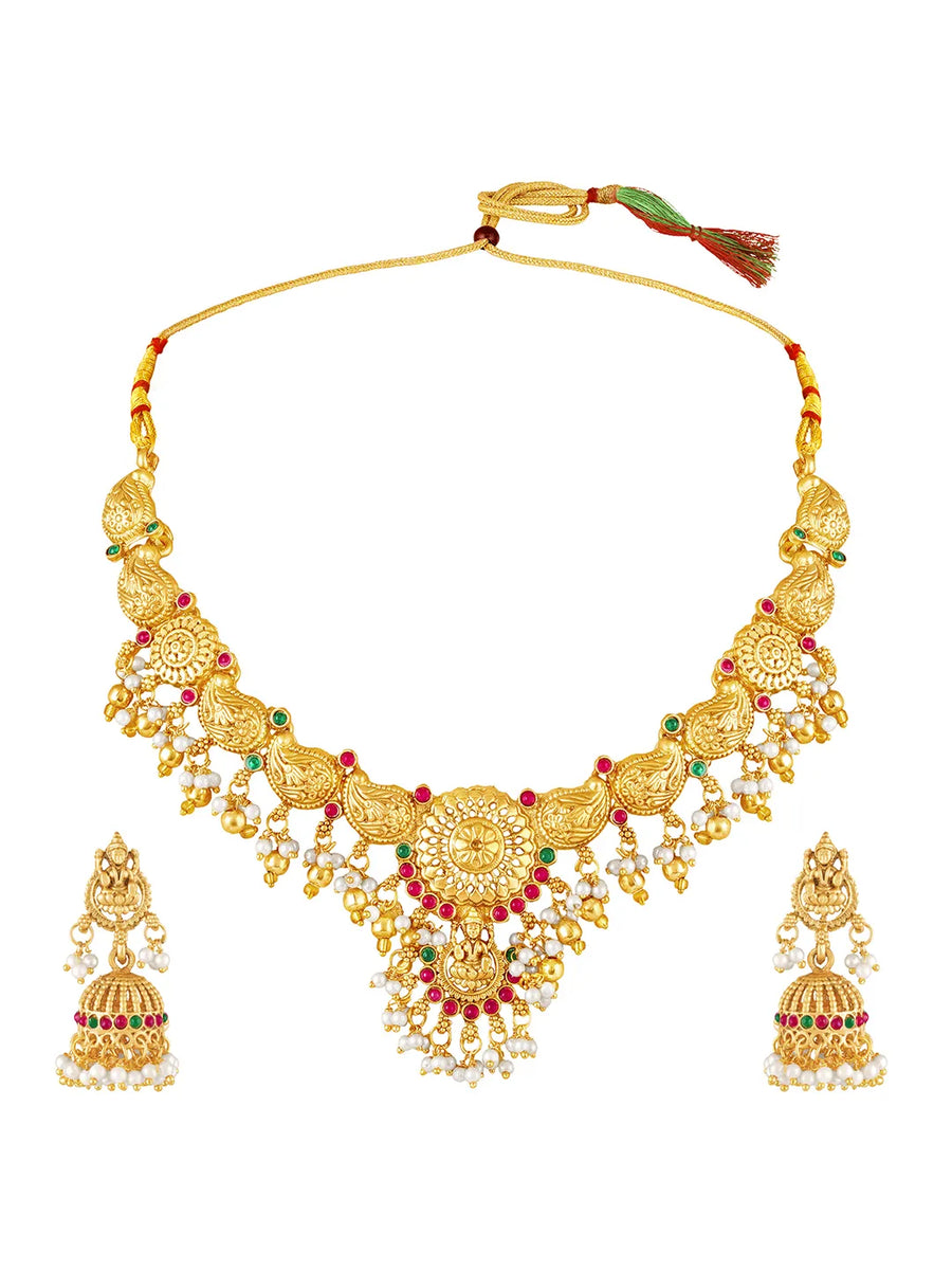Peora Antique Floral Ruby Pearl Jhumka Set
