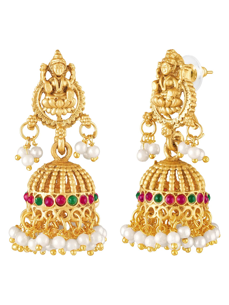 Peora Antique Floral Ruby Pearl Jhumka Set