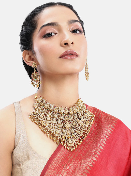 Peora Heavy Mahalakshmi Bridal Necklace Set - Gold