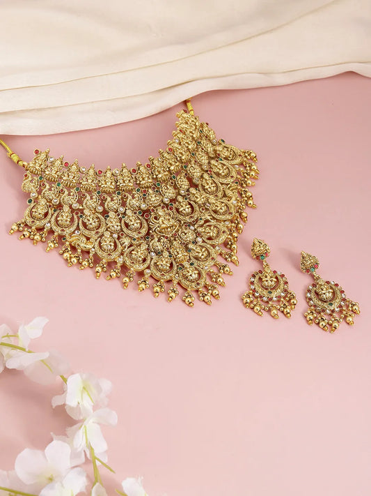 Peora Heavy Mahalakshmi Bridal Necklace Set - Gold
