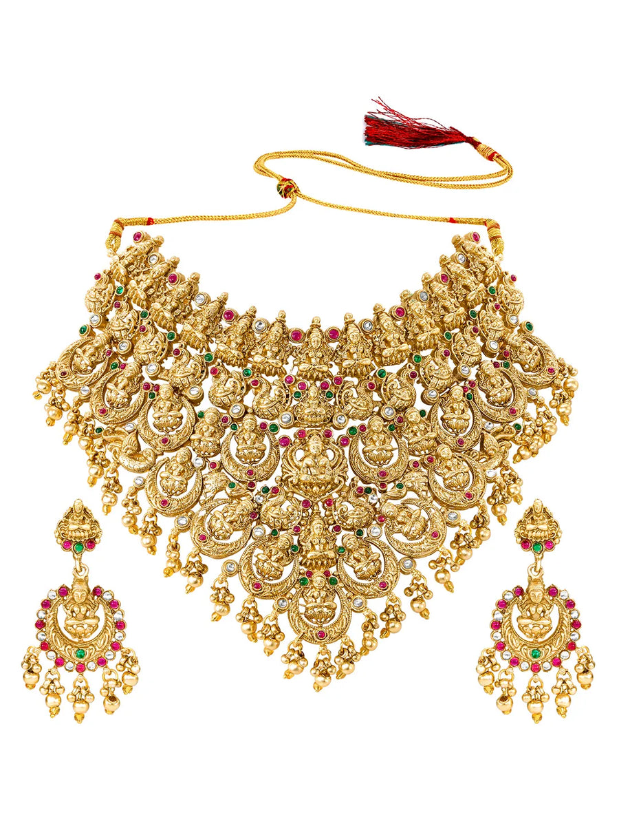 Peora Heavy Mahalakshmi Bridal Necklace Set - Gold
