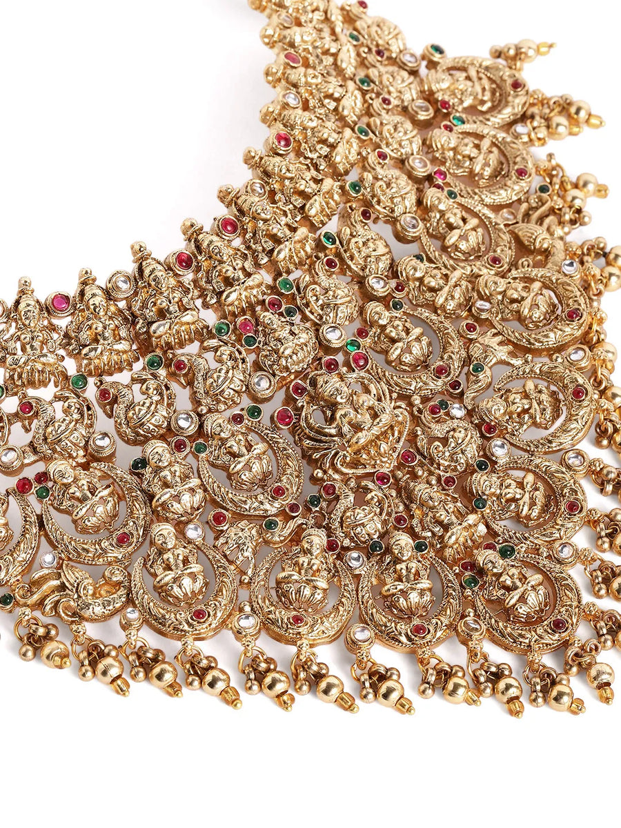 Peora Heavy Mahalakshmi Bridal Necklace Set - Gold