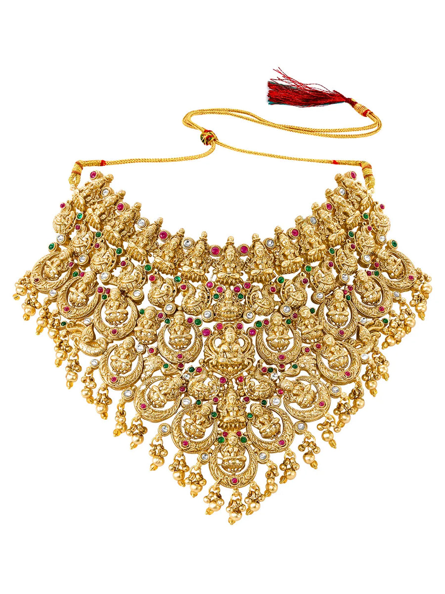 Peora Heavy Mahalakshmi Bridal Necklace Set - Gold