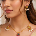 Peora Ruby Green Bloom Necklace Set - Gold