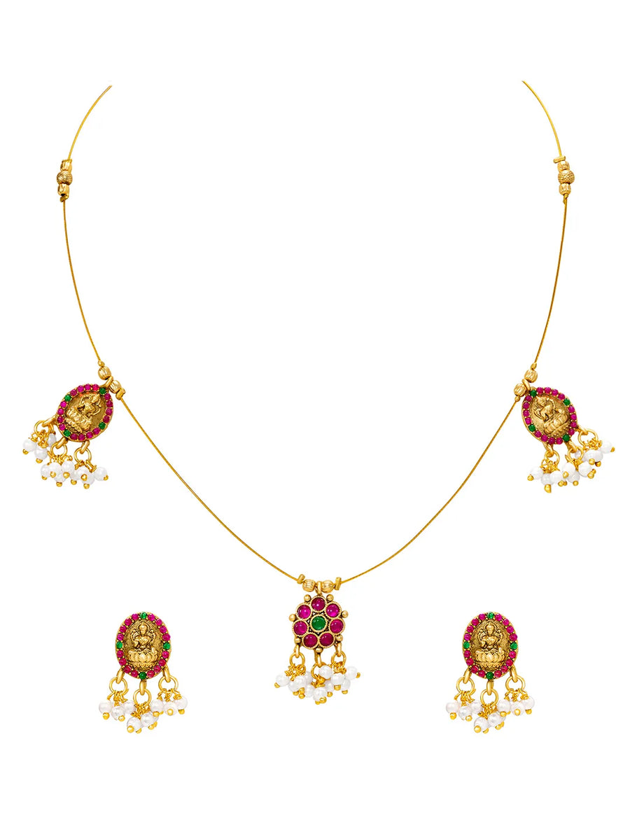 Peora Ruby Green Bloom Necklace Set - Gold