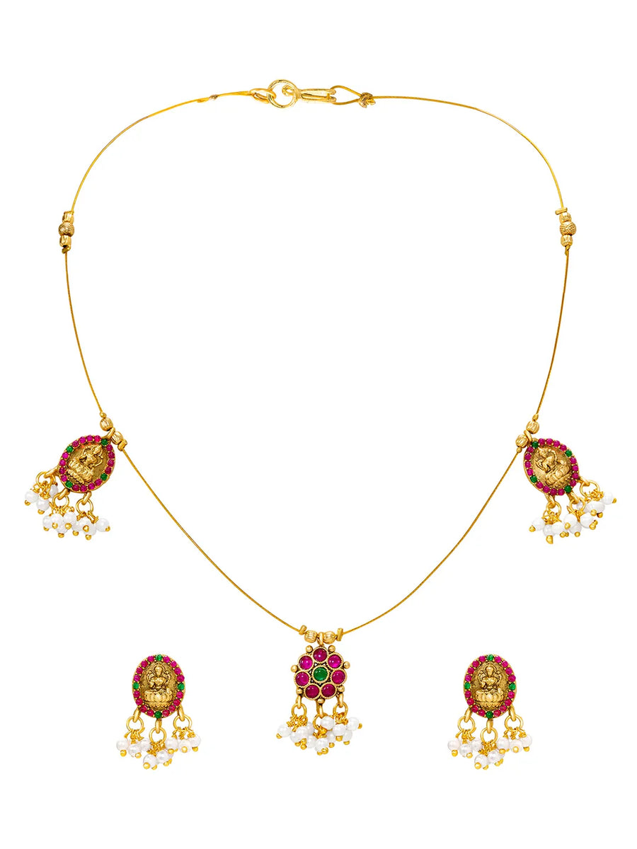 Peora Ruby Green Bloom Necklace Set - Gold