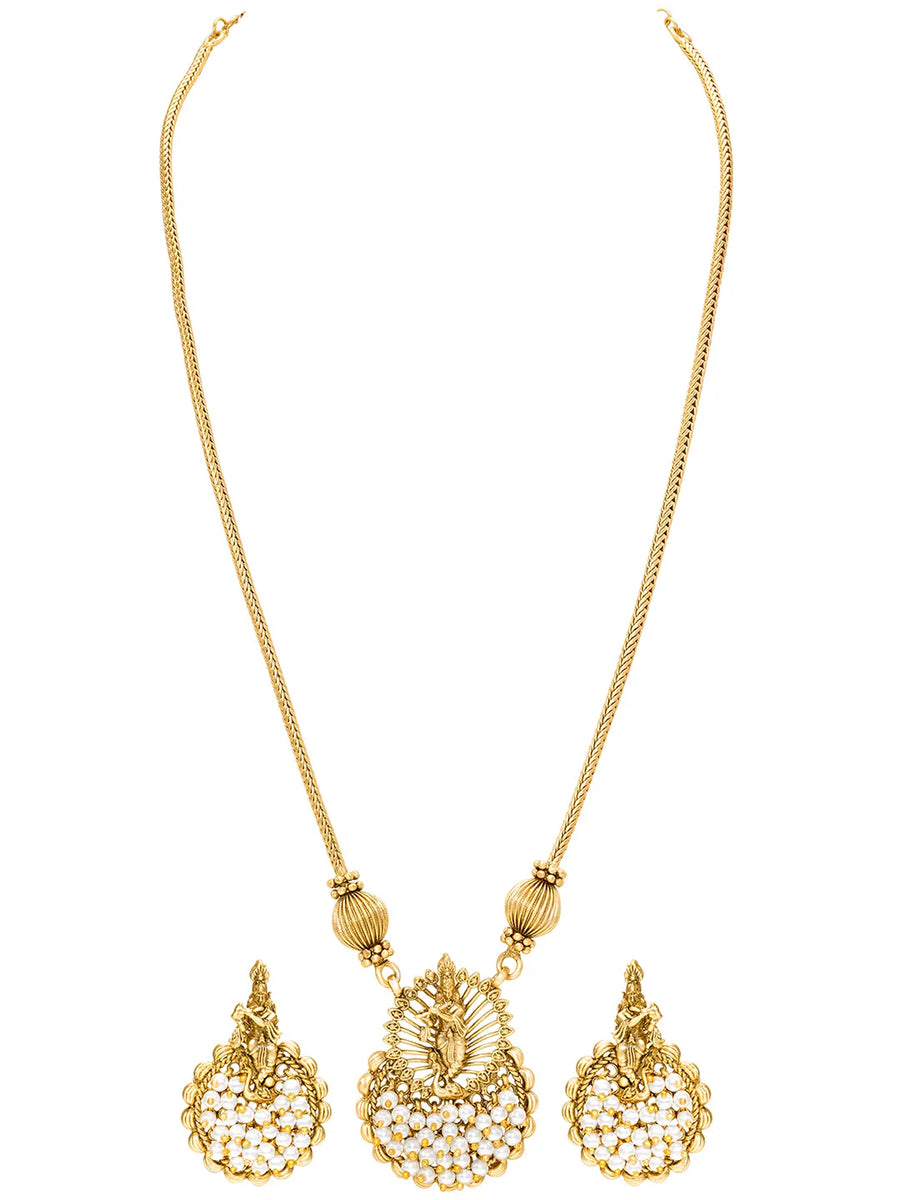 Peora Royal Temple Pearl Necklace Set - Gold