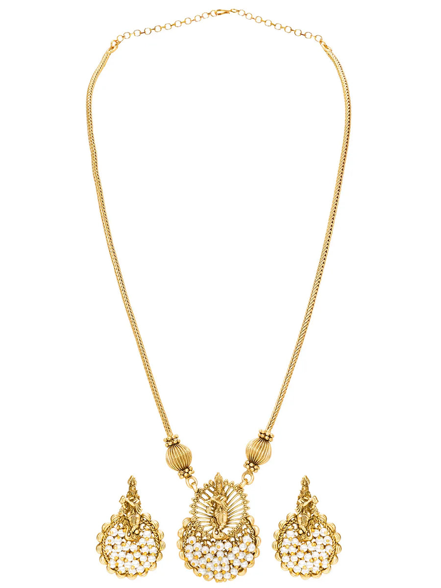Peora Royal Temple Pearl Necklace Set - Gold