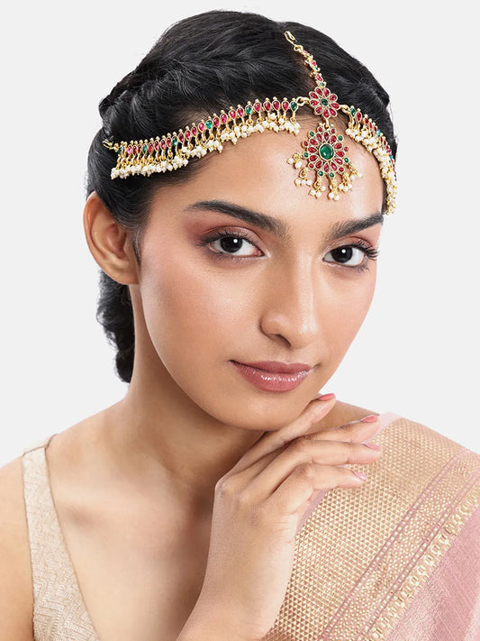 Peora Grand Bridal Ruby Green Matha Patti - Gold