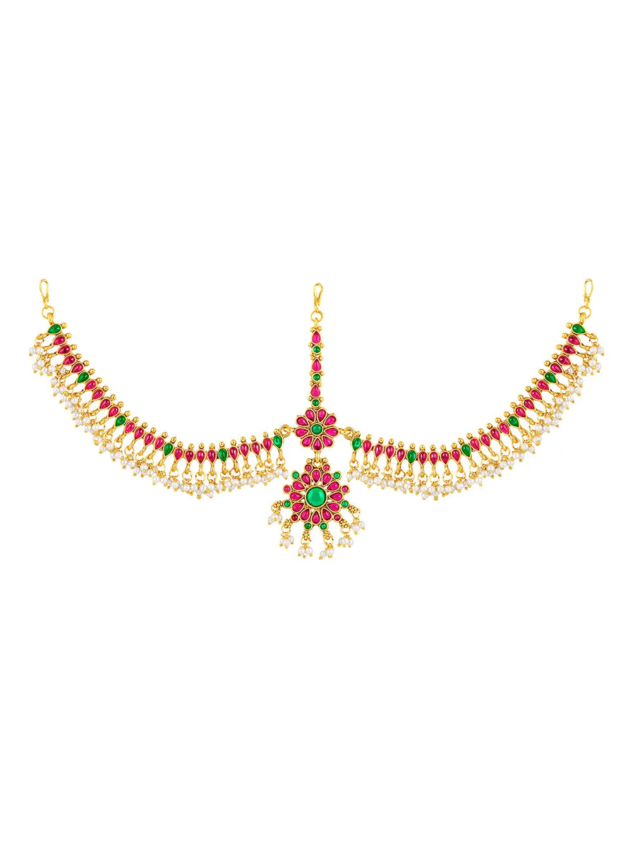 Peora Grand Bridal Ruby Green Matha Patti - Gold