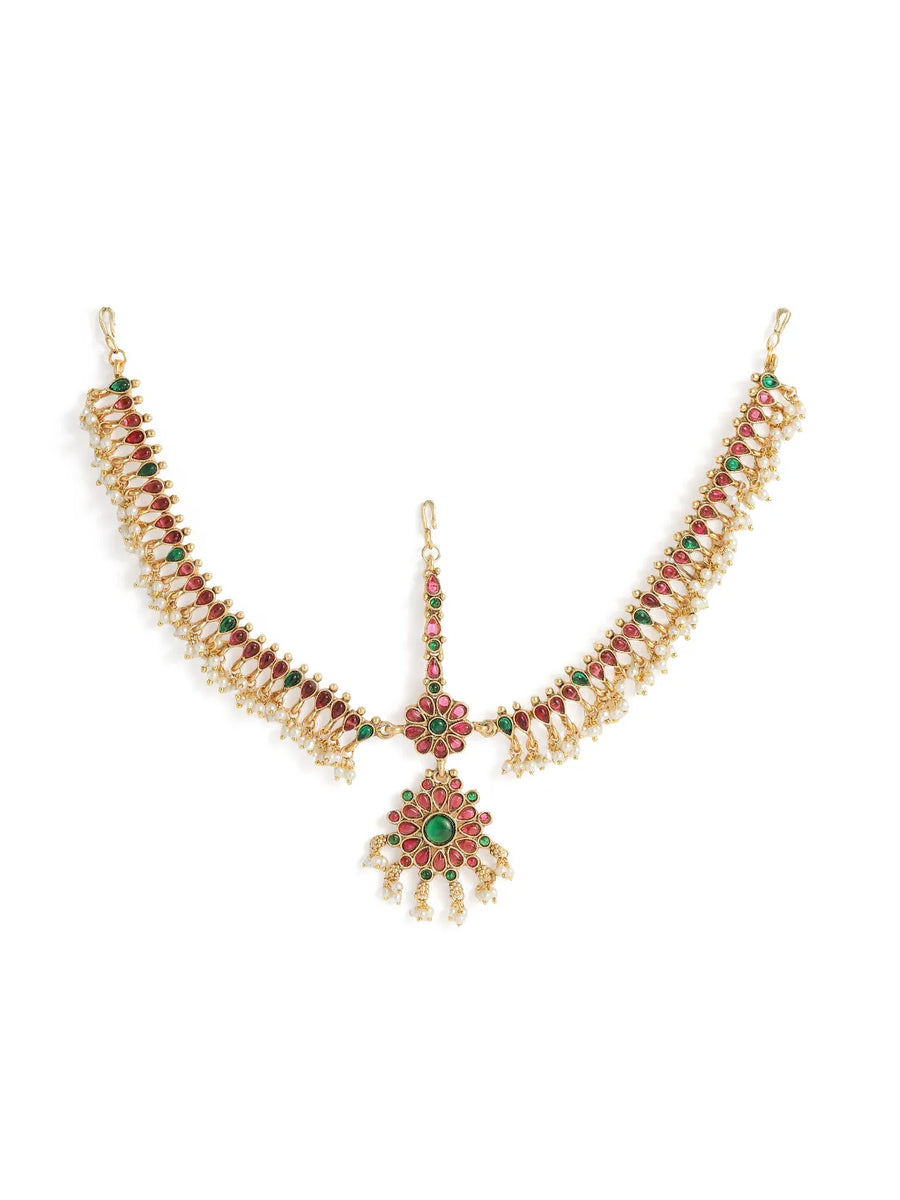 Peora Grand Bridal Ruby Green Matha Patti - Gold