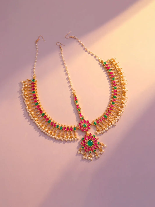 Peora Grand Bridal Ruby Green Matha Patti - Gold
