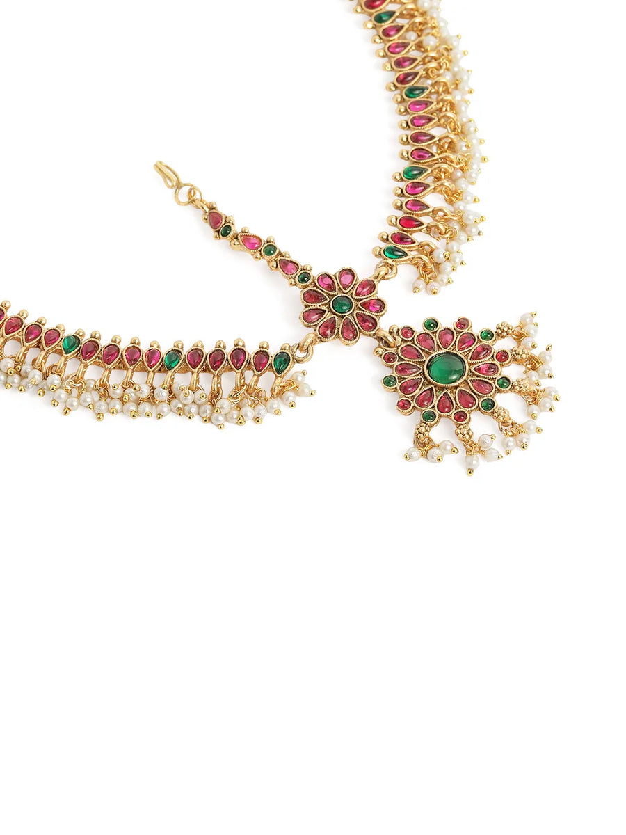 Peora Grand Bridal Ruby Green Matha Patti - Gold
