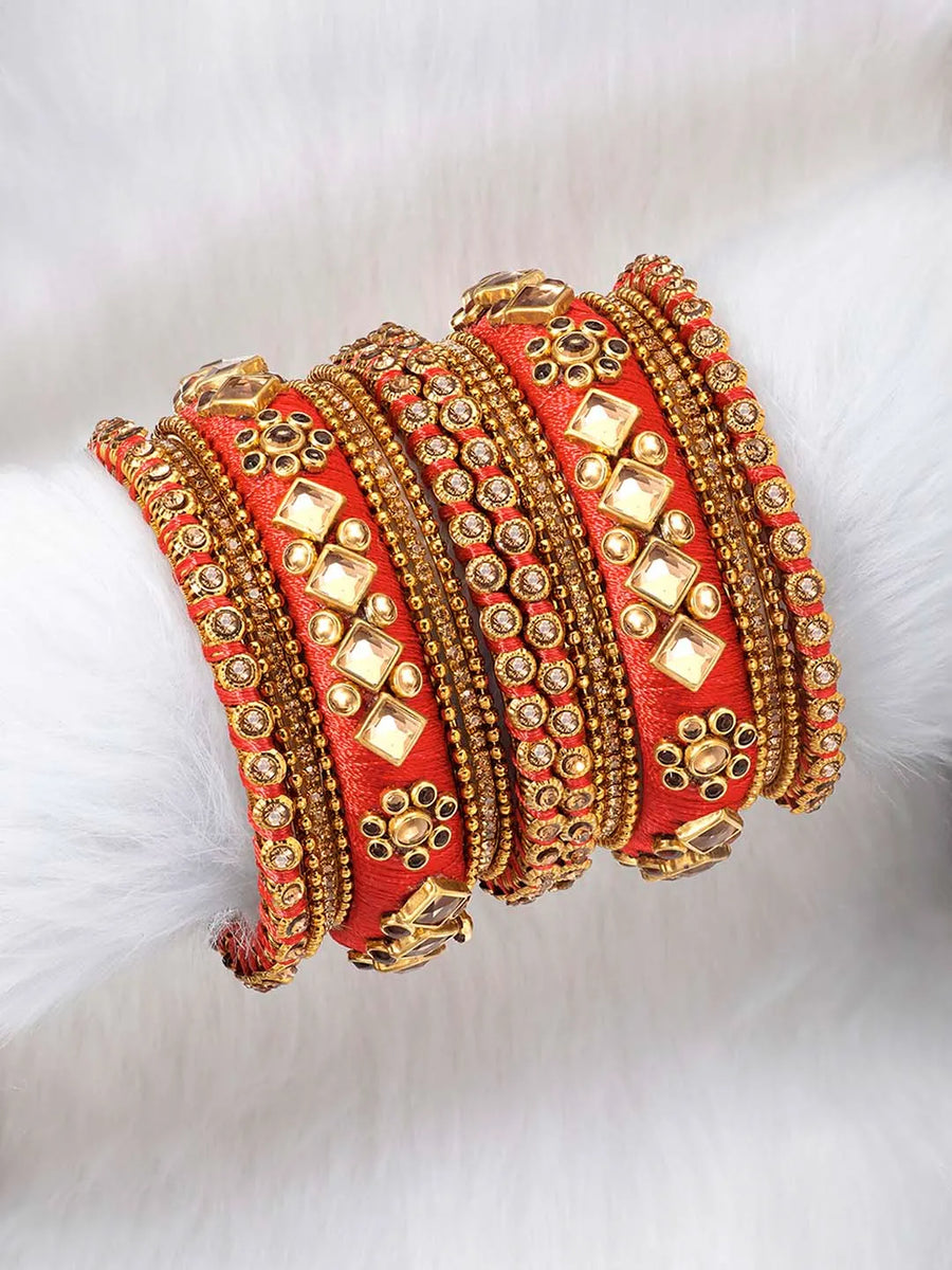 Bliss Silk Thread Kundan Bangle - Red